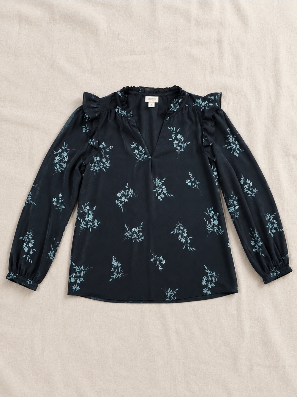 J. Crew Navy Blouse with Light Blue Floral Print and Ruffle Shoulders